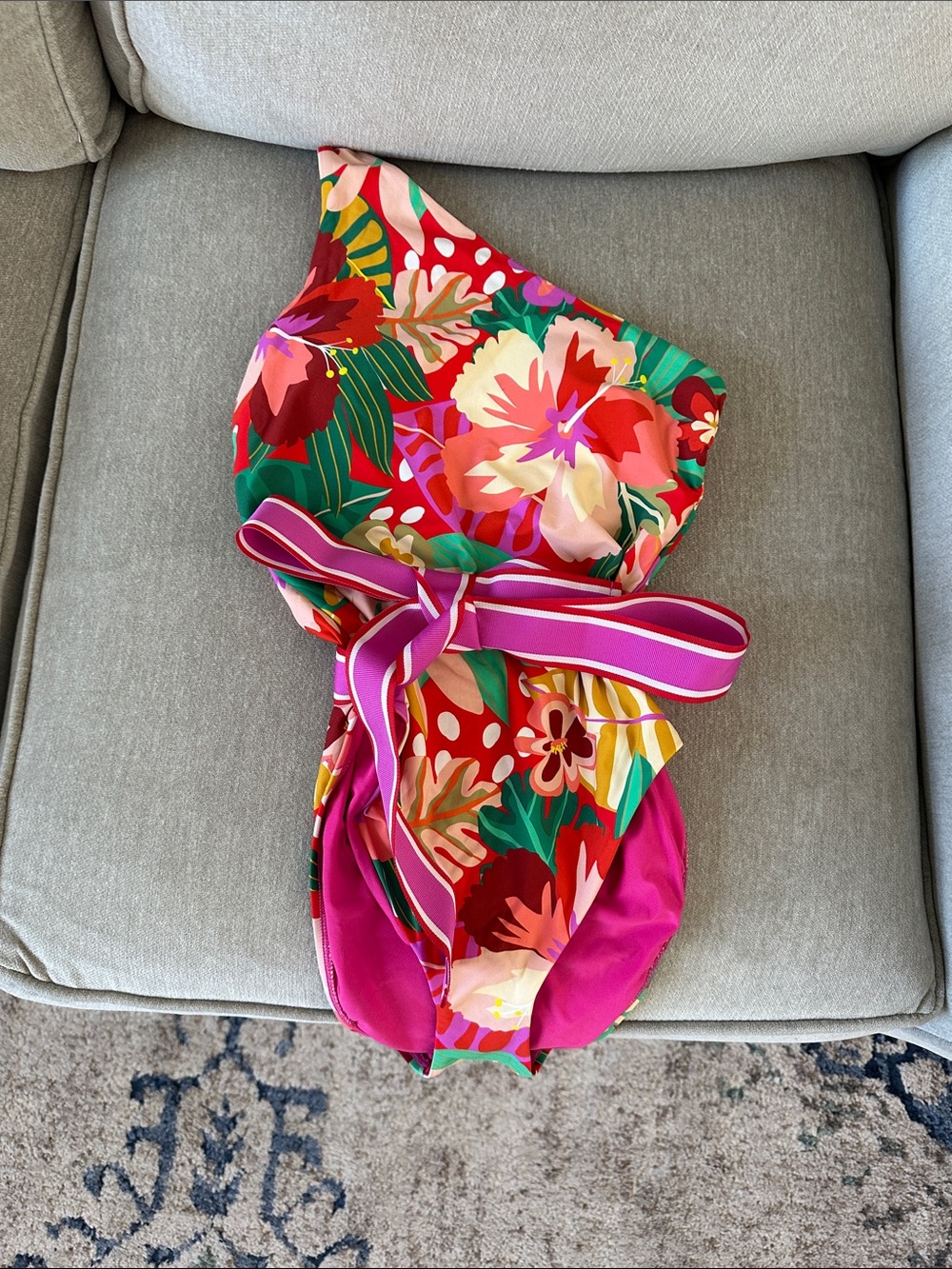 Women’s XS Floral One-Shoulder Pink Tropical Swim Suit with Waist Tie